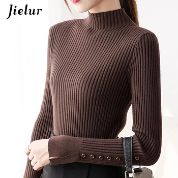 

Jielur New Semi Turtleneck Women's Sweaters Pullover Korean Slim Warm Basic Knitwear Fall Brown Black Sweater Female Button S-XL