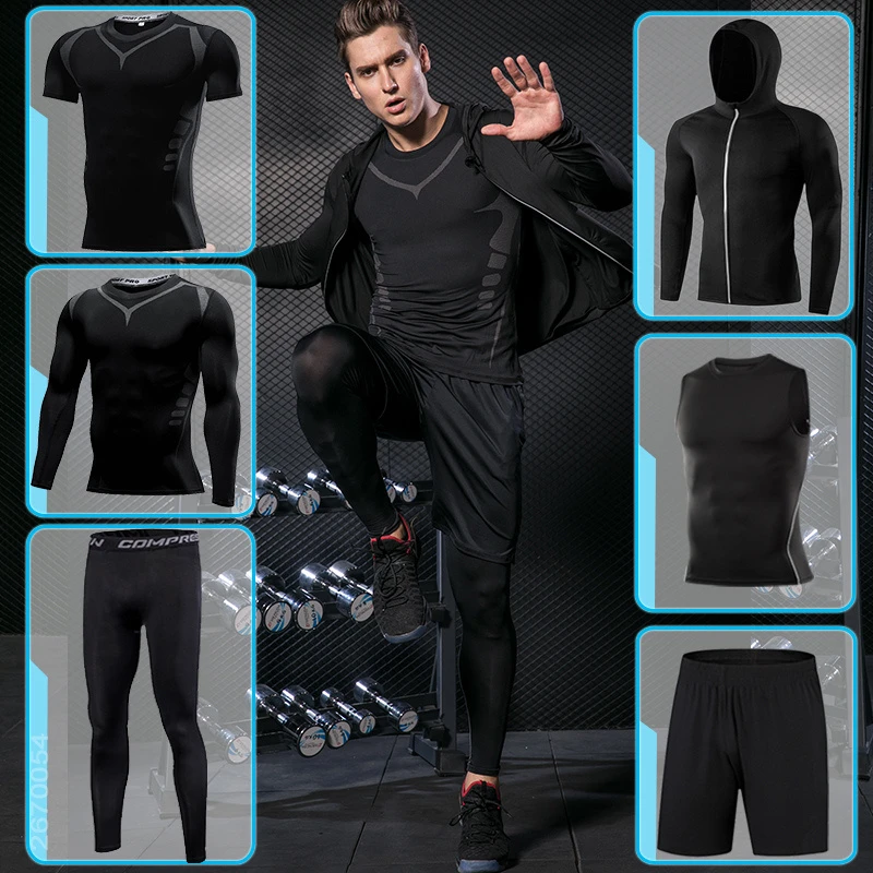 Traje deportivo ajustado para hombre, chándal de compresión gimnasio, conjunto deportivo para correr y trotar, ropa deportiva de entrenamiento, protector de sarpullido|Conjuntos para running| - AliExpress