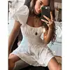 BOHO INSPIRED white ruffle women dress Tie up back ladies party dress puff sleeve mini summer dress Pleated chic dress female ► Photo 2/6