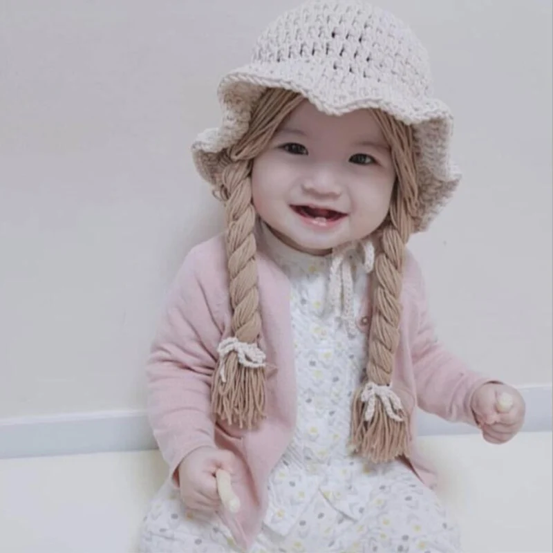 Winter Soft Warm Cute Wig Big Braid Kids Girls Princess Hat Baby Children Knitted Hat Birthday Christmas Party 48-52cm Hot 5