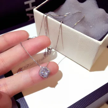 

925 Sterling Silver Square Design Princess Cut Pendant Necklace for Women Bling Zircon Long Chain Charm Necklaces Wedding Band