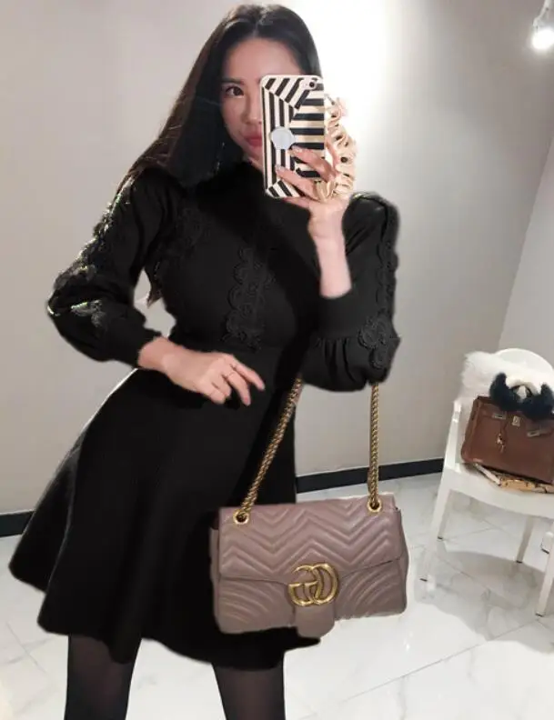 Black Elegant Lantern Sleeve Draped Knitted Dress Women Lace Patchwork Petel Sweater Mini A-Line Dress Autumn Winter Sweater Dresses - Color: Black
