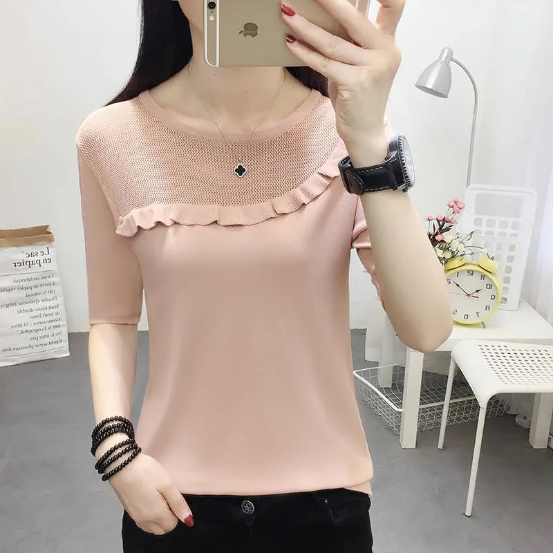 Summer Women's Ice Silk Short-sleeved Hollow 2021 New Bottoming Shirt Top Loose Wild Round Neck Slim Sweater | Женская одежда