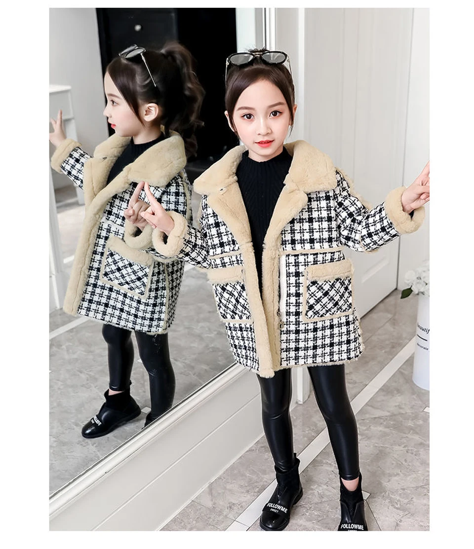 Детская одежда шерстяное пальто для девочек зимняя теплая клетчатая куртка, длинная плотная детская одежда из шерсти, коллекция года верхняя одежда для маленьких девочек