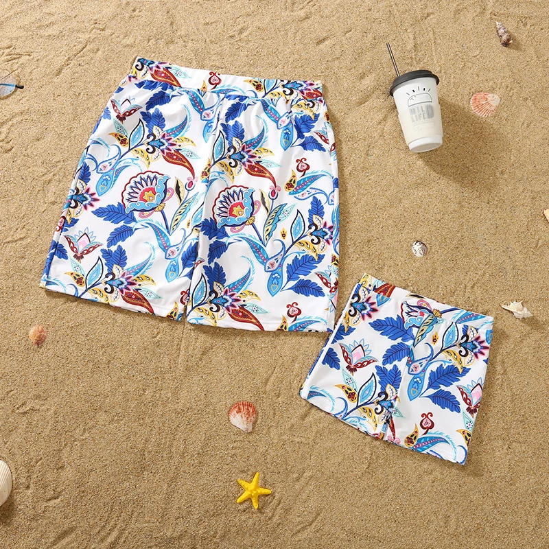 Family Matching Swimsuits Floral Printed Mom And Me Swimwear Women Girl Bathing Suits Men Boy Trunks Couples Holiday Beachwear 5