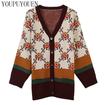 

New Women's Wool Knitwear Cardigan Jacket 2019 Autumn Winter Vintage Jacquard Long Sleeve Loose Knit Sweater Fall Woman Sweaters