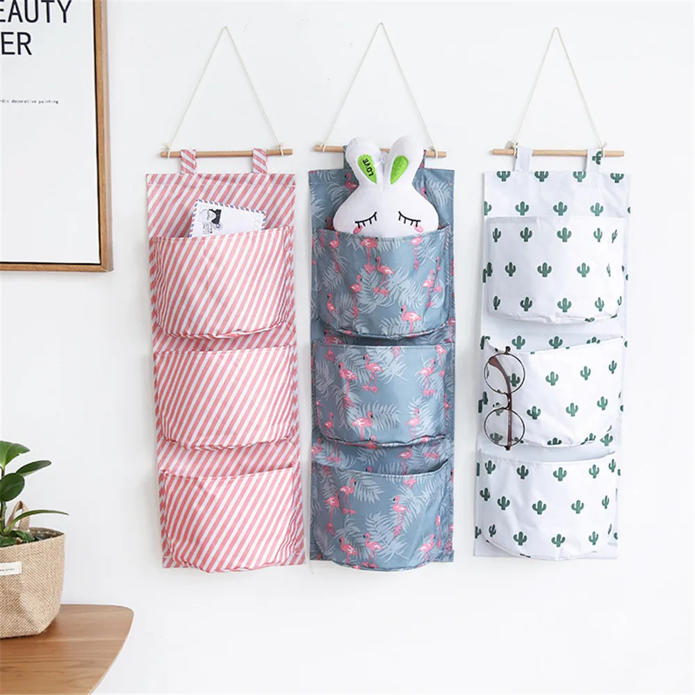 

Multifunctional 3 Girds Cotton Linen Wall Hanging Storage Bags Cactus Flamingo Pattern Storage Box Home Decoration Hanging Bag