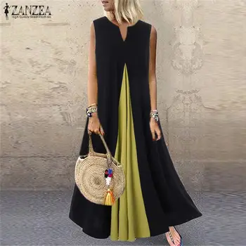 

Summer Maxi Dress Women's Patchwork Sundress 2020 ZANZEA Elegant Casual Sleeveless O Neck Tunic Vestidos Robe Femme Oversized