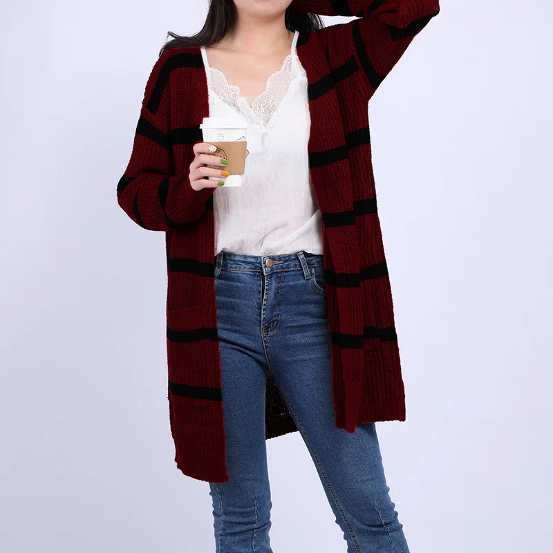 

Women's Fashion Knitted Long Sleeve Sweater Cardigans Autumn Winter Ladies Striped Loose Slim Fit Casual Long Coats 2019 New
