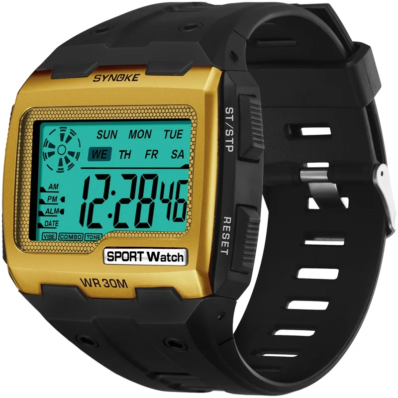 Gold SYNOKE золотые цифровые часы с большим экраном мужские 39 S часы крутые электронные часы с сигнализацией ударопрочные сильные спортивные часы - Цвет: Gold