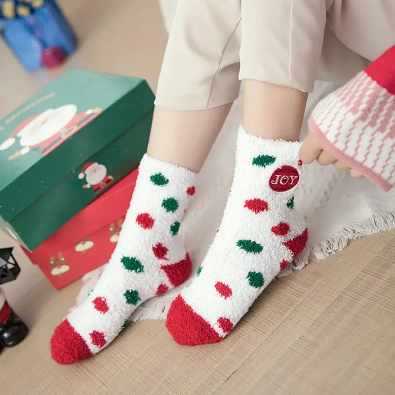 6 Pairs Womens Winter Fuzzy Slipper Socks Christmas Embroidery Thermal Hosiery Y1AC
