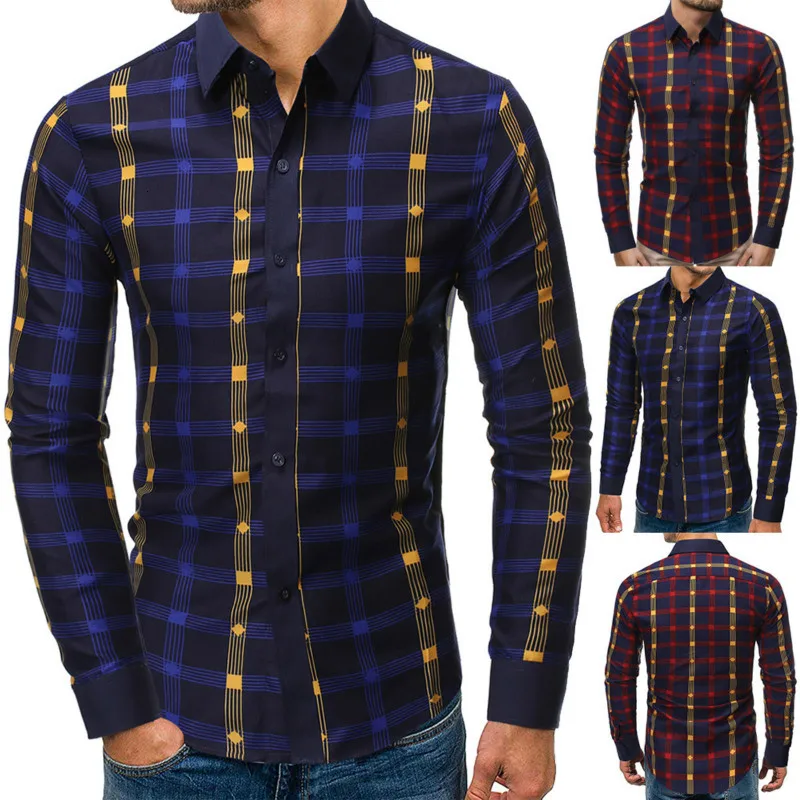 

UYUK 2019 autumn new shirt business men's fashion Thin plaid tide male British long-sleeved Slim collar color Blue Red