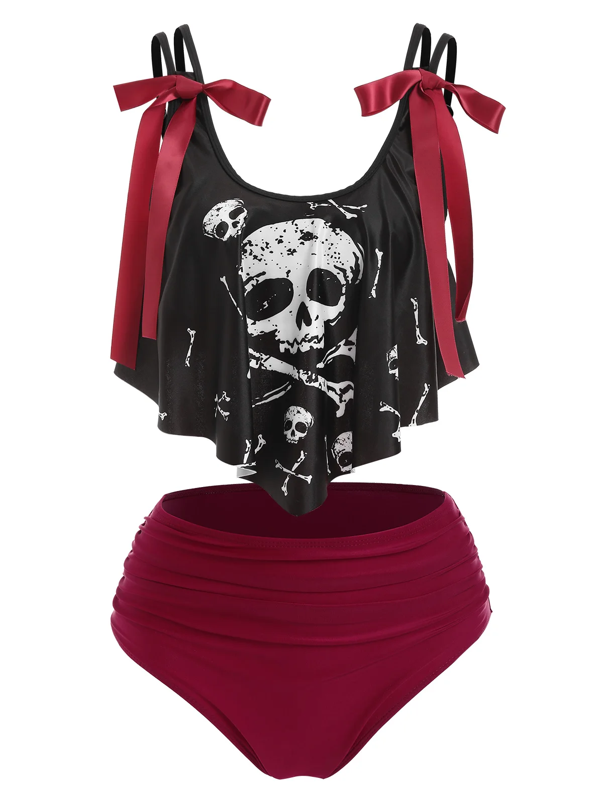 Skull Print Bowknot Detail Padded Tankini Set Gothic Casual Women Fashion Summer Sexy Two Piece Swimsuit Beach