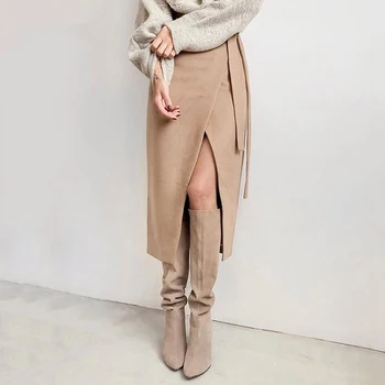 

Khaki Suede Long Skirt Women Autumn Winter Casual Wrap Skirt Lace Up Women High Waist Midi Skirt Office Lady Elegant LX168