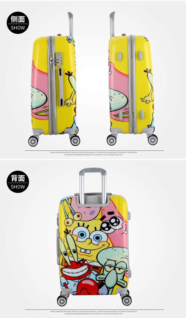 20"Inch PC Cartoon Spongebob Travel Suitcase on Wheels Cabin Trolley Luggage Bag Women Rolling Luggage Lovely Road Suitcase