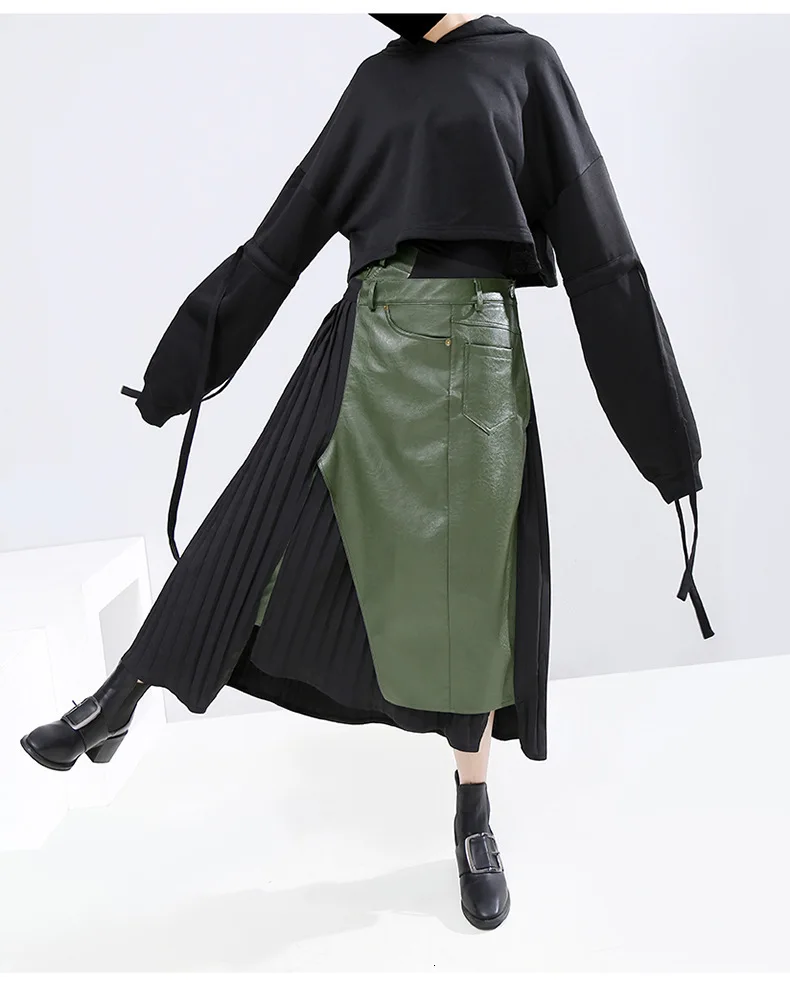 Новая мода осень зима эластичная талия из искусственной кожи прошитая плиссированная необычная Свободная юбка средней длины для женщин Q222