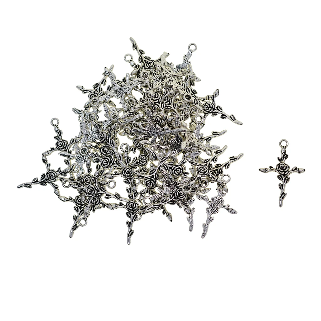 50Pcs Tibetan silver color Rose Floral Charm Cross Faith Pendant Bead for Jewelry Making Bracelet Necklace Crafts