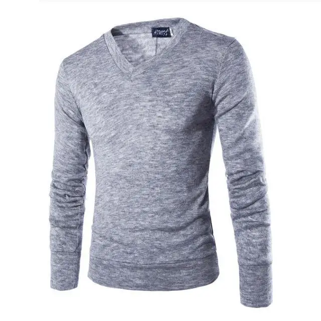 Light grey Новинка, хлопковый мужской свитер с длинным рукавом, пуловер, верхняя одежда, мужские свитера с v-образным вырезом, топы, облегающая Однотонная вязанная одежда, 7 цветов - Цвет: Light grey