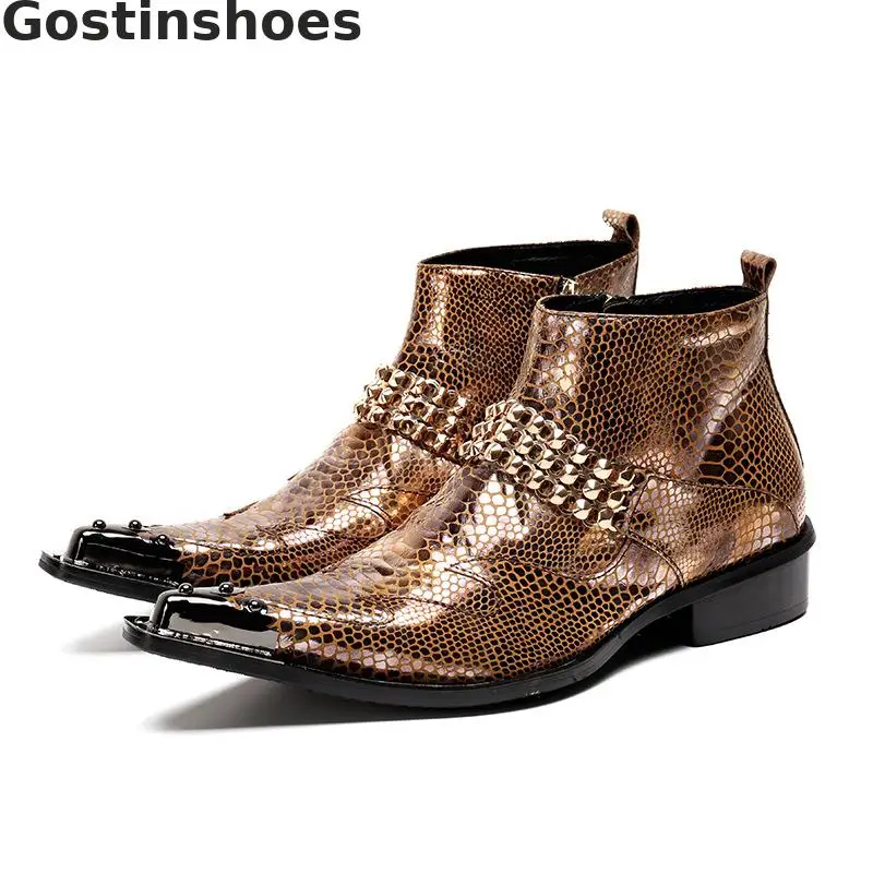 

Luxury Men Boots Golden Genuine Leather Snake Skin Patter Printed Men Short Ankle Boots Zip Chain Decoration Metal Capped