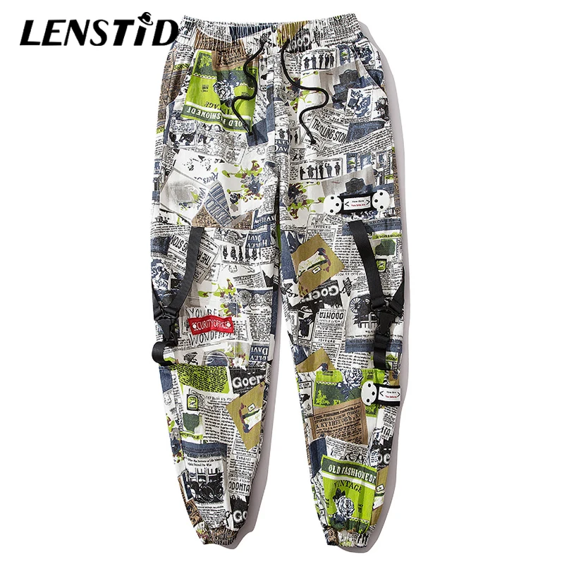 LENSTID Hip мужские уличные ленты с газетным принтом шаровары для бега Harajuku модные