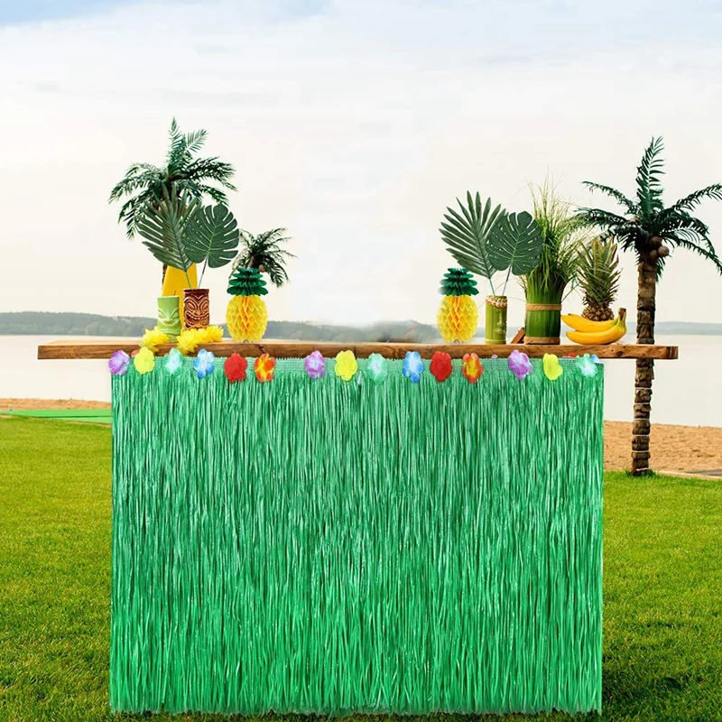 107 Pcs Tropical Party Decoration Set with Hawaiian Table Skirt Palm Leaves Hawaiian Flowers Tissue Pineapple Umbrellas and 3D F