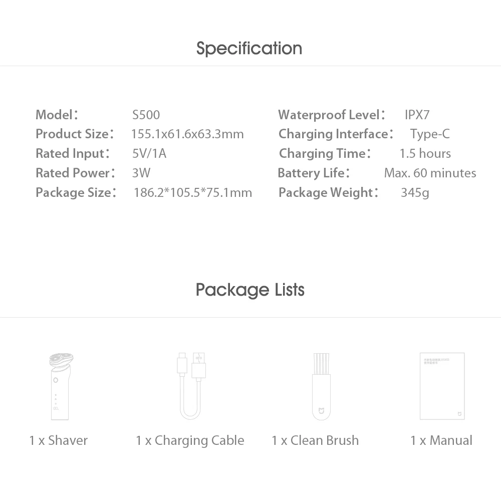 Xiaomi Mijia электробритва S500 IPX7 Водонепроницаемая Мужская бритва триммер для бороды 3 головки сухой влажный Двойной Клинок удобная очистка светодиодный дисплей