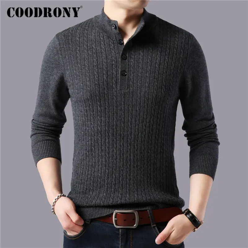 #Special Offers COODRONY Brand Fashion Button Turtleneck Sweater Men Winter Thick Warm Sweaters Pull Homme Pure Merino Woolen Pullover Men 93037
