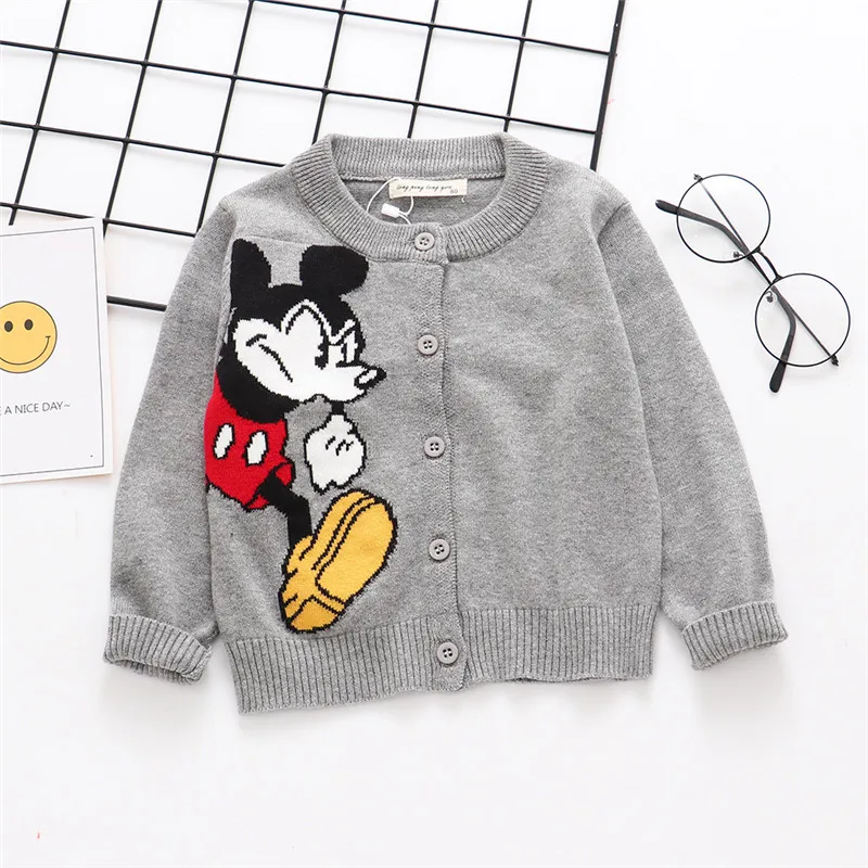 Gray Модный Детский кардиган с Микки Маусом; свитера с вышивкой для мальчиков; свитер для девочек на весну-осень; Детская осенняя одежда; костюм для малышей - Цвет: Gray