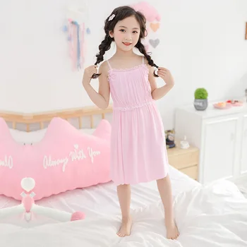 

Kids Home Clothes 2020 Summer Teenage Girl Nightgown Sleeveless Children Pajama Dress Lace Patchwork Pink Girls Night Dress
