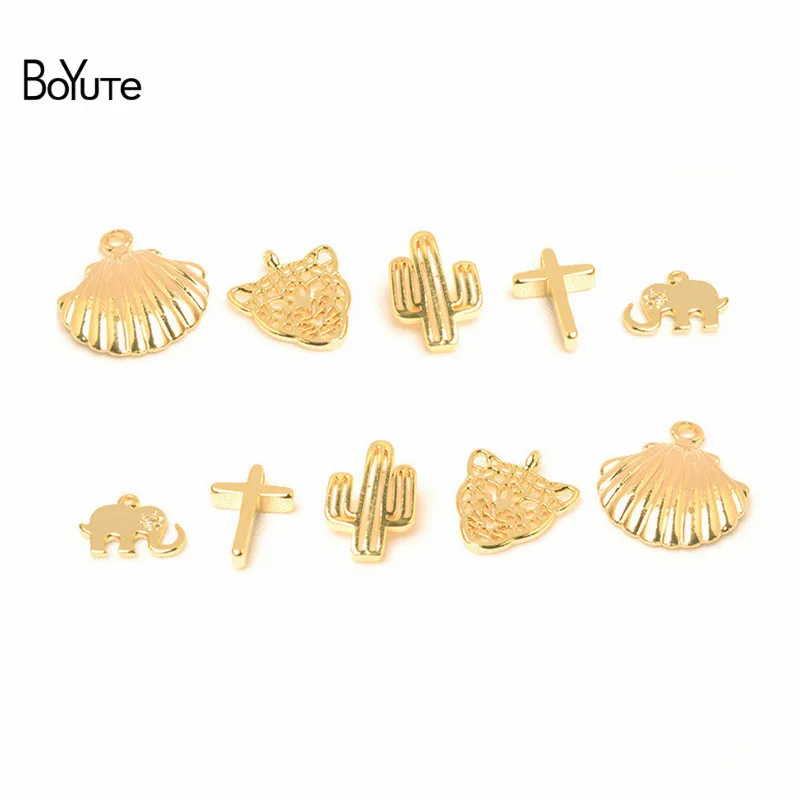 BoYuTe 1 Pair Metal Brass Elephant Tiger Cross Cactus Shaped Gold Pendant Charms for Jewelry Making (6)