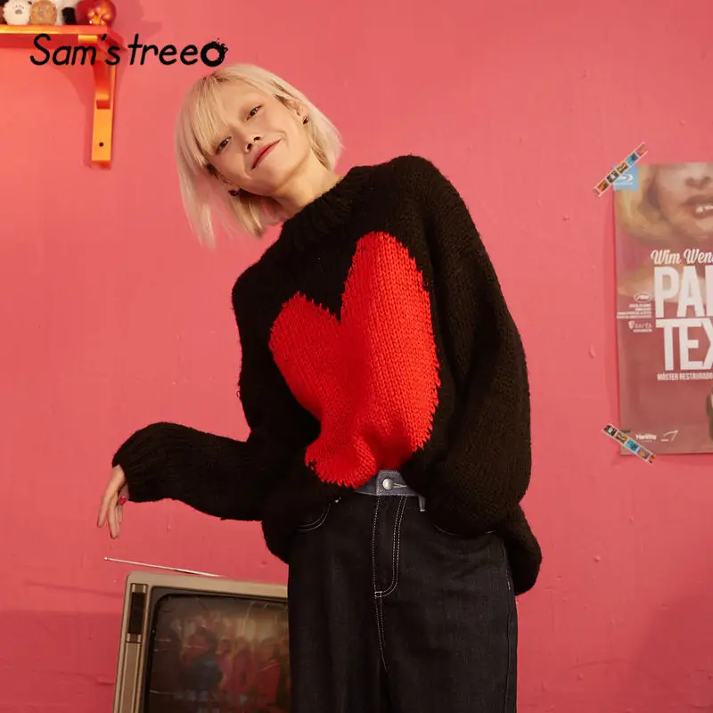 

SAM'S TREE Black Solid Love Printed Korean Style Pullover Casual Women Sweaters 2019 Winter Long Sleeve Oversived Female Tops