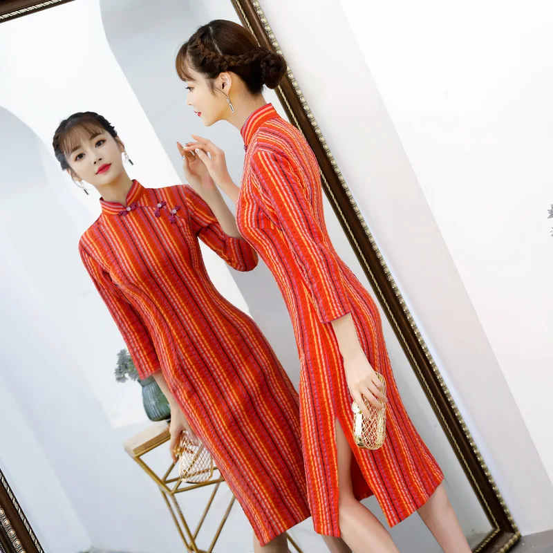 

2019 Autumn And Winter Elegent Women Cotton And Linen Bracelet Sleeve Dresses Lady Long Literary Retro Republic Of The Country