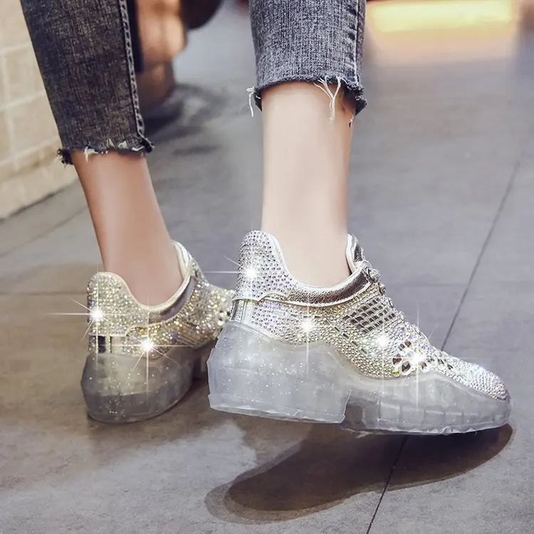 

Women Shoes Bling Rhinestone Designer Shoes Female Crystal Casual Sneakers Women Transparent Sole Luxury Shoes Wedge Sneakers