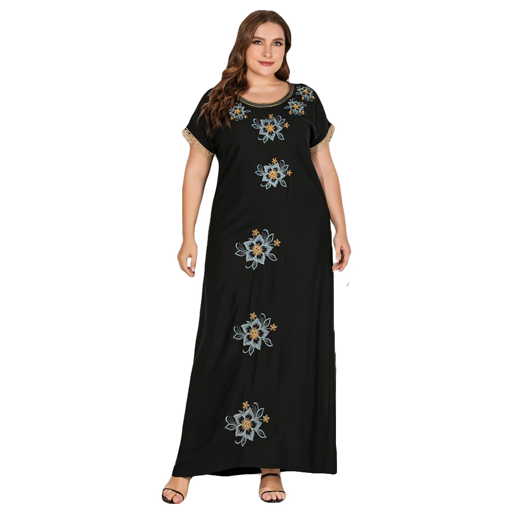 Мусульманское женское платье с коротким рукавом свободное Макси-платье вышивкой