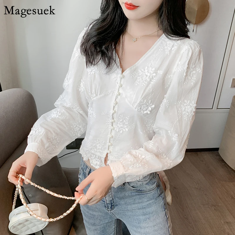 

V Neck Button Embroidery Floral Shirt Women Elegant Office Lady Long Sleeve Solid Blouse For Women Korean White Tops Chic 10536