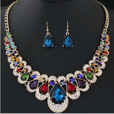 

Fashion Metallic Sparkle Diamond Temperament Collar Necklace Earring Set Color Diamond Water Drop Two Piece Set Jewelry Sets