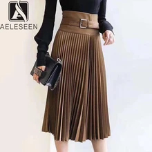 AELESEEN элегантная Офисная Женская юбка женская Осень Новая мода Хаки однотонная плиссированная Империя тонкая средняя удлиненная юбка с поясом