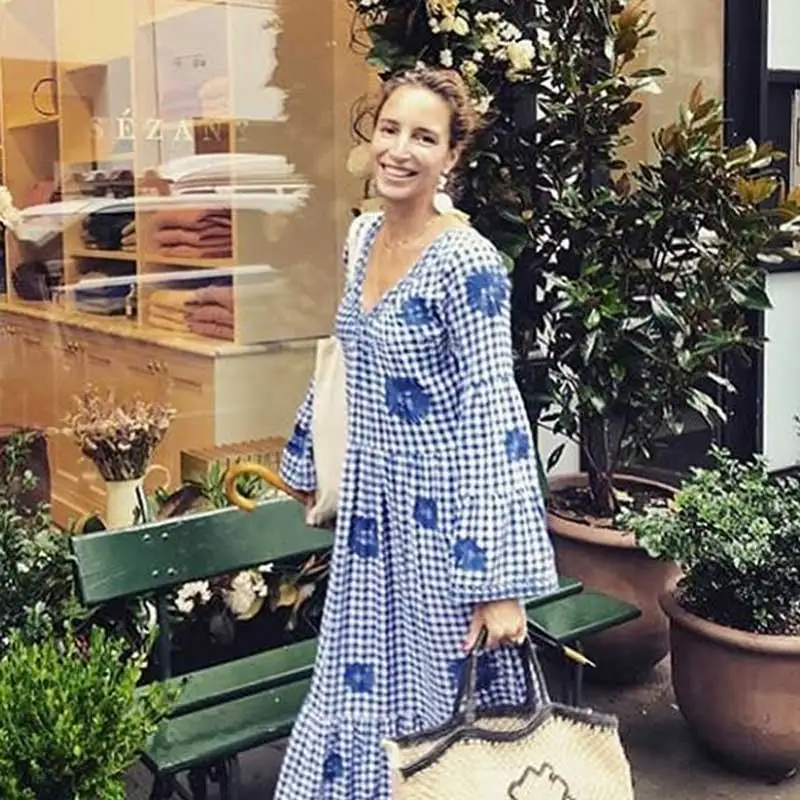 Богемный Вдохновленный Синий Gingham платье хлопок v образный вырез вышивка Украина