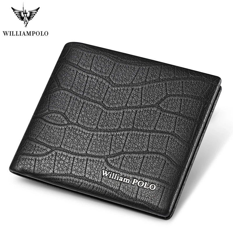 

WILLIAMPOLO luxury Brand Men Wallet Short Genuine Leather Crocodile Bifold purse fashion New design Cowhide Black Leather