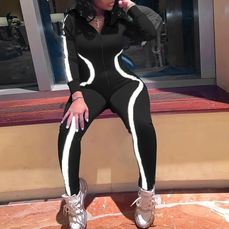 Autumn Women Reflective Striped Jumpsuit Long Sleeve V-Neck Zipper Bodycon Romper Sexy Skinny Ladies Long Pants Jumpsuit