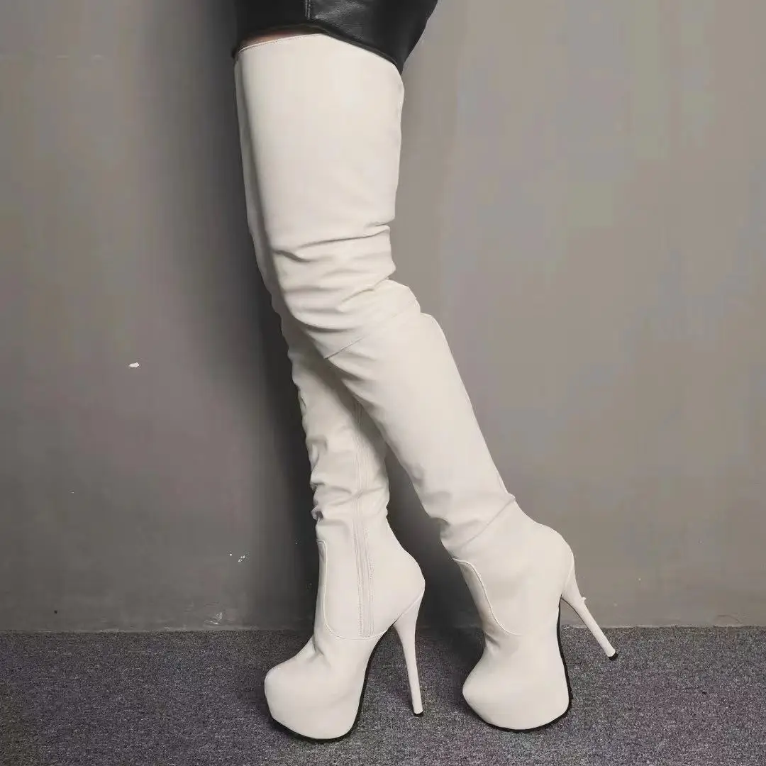 

Real Photos Autumn White Leather Platform Crotch Overknee Boots Stretch High Heel Female Stilettos Thigh Runway Shoes Botas