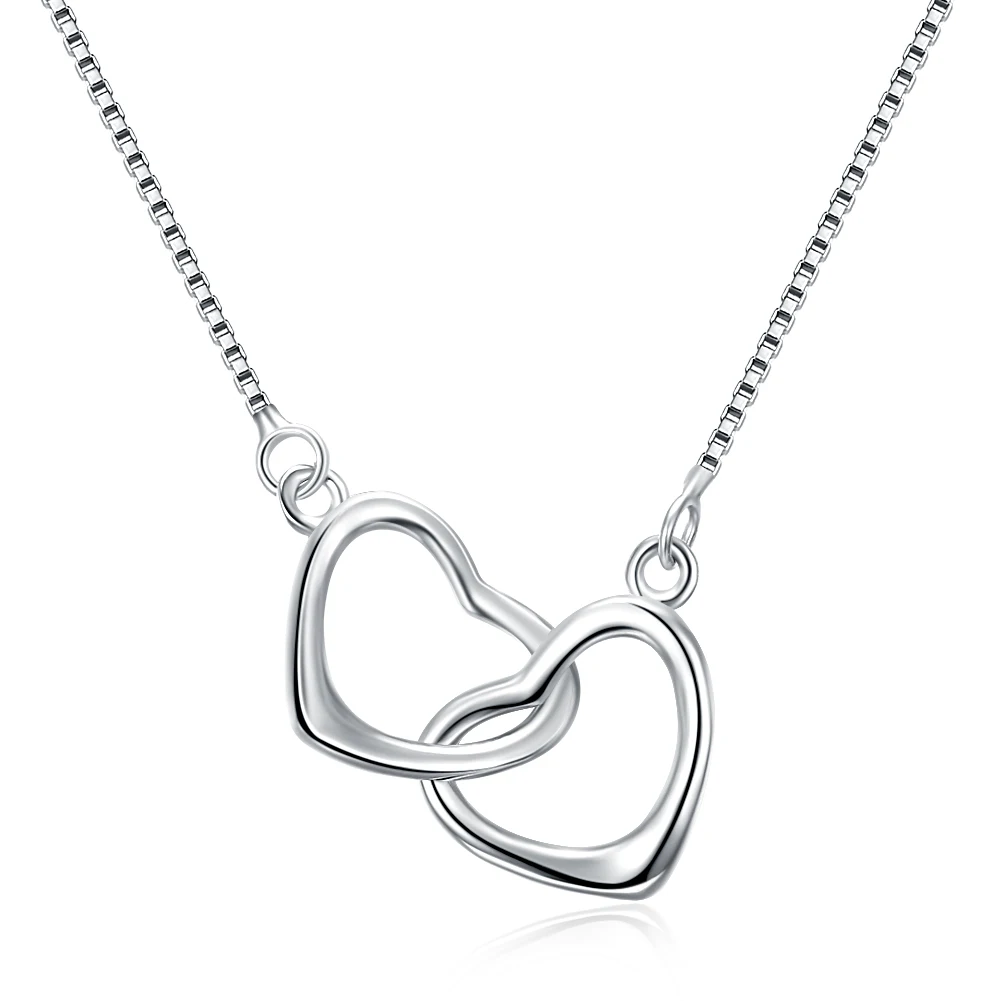 SILVERHOO Brand 925 Sterling Silver For Women Necklace Heart With Heart Together Pendent Necklace Girlfriend Gifts Fine Jewelry