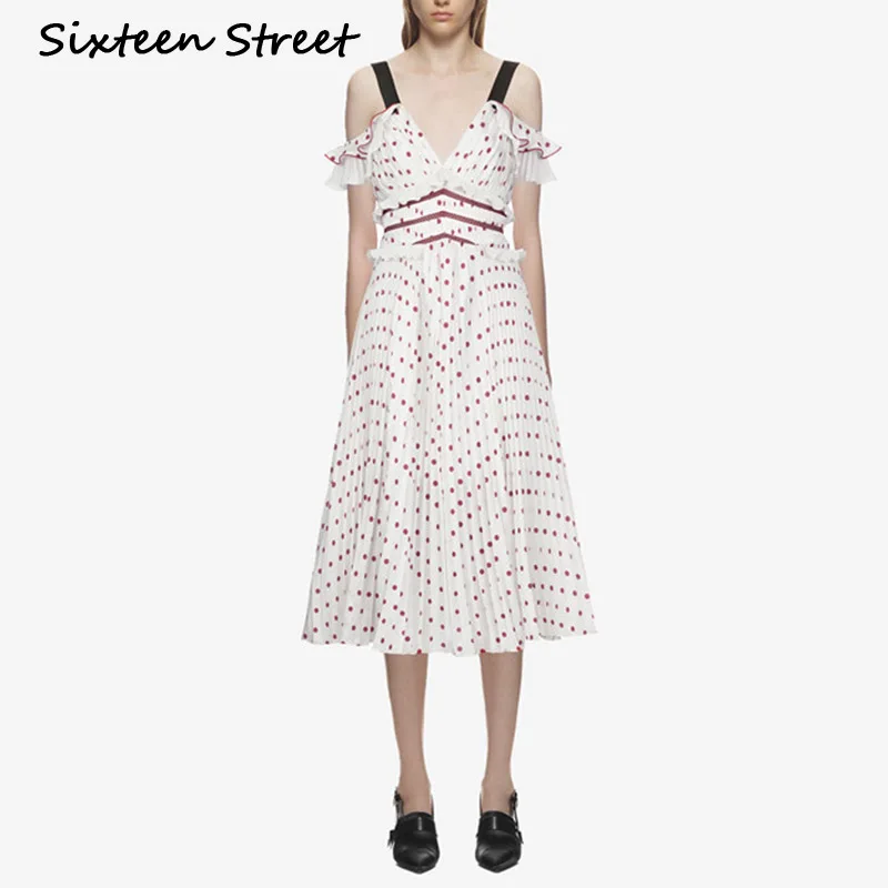 

Spaghetti Strap V Neck Chiffon Ruffle Dress Woman Red Dot sleeveless patchwork High Waist mid-calf Dresses Summer vacation New