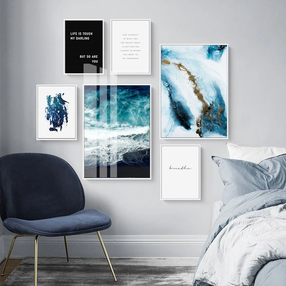 

Abstract Scandinavia Blue Quote Prints Poster Nordic Canvas Paintings Office POP Wall Art Pictures for Living Room Home Decor