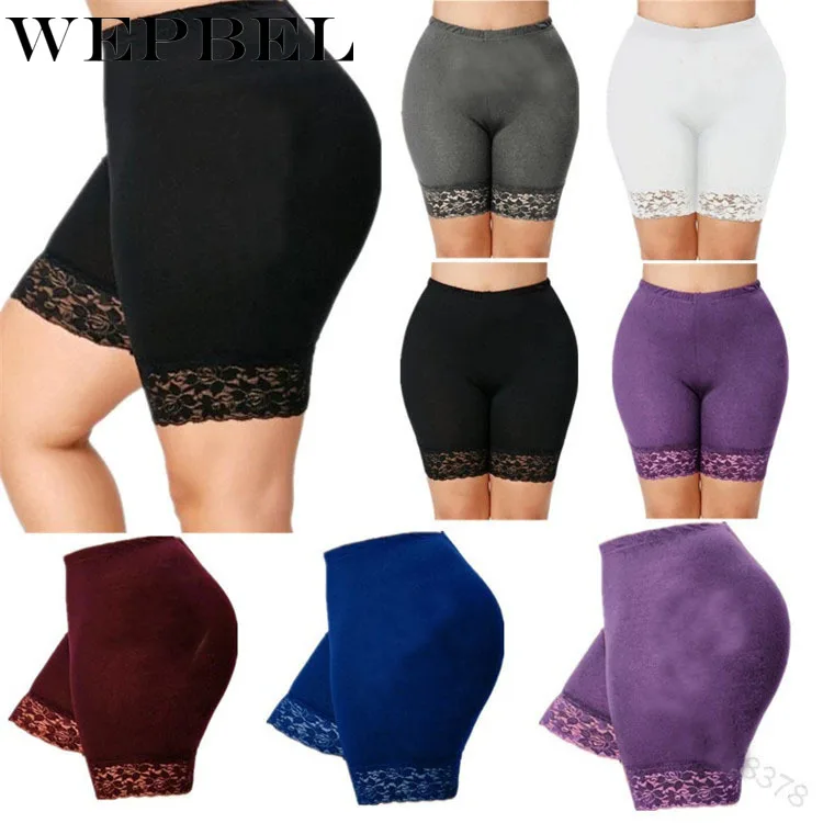 

WEPBEL Women's High Waist Shorts Casual Elastic Waist Skinny Solid Color Lace Stitching Leggings