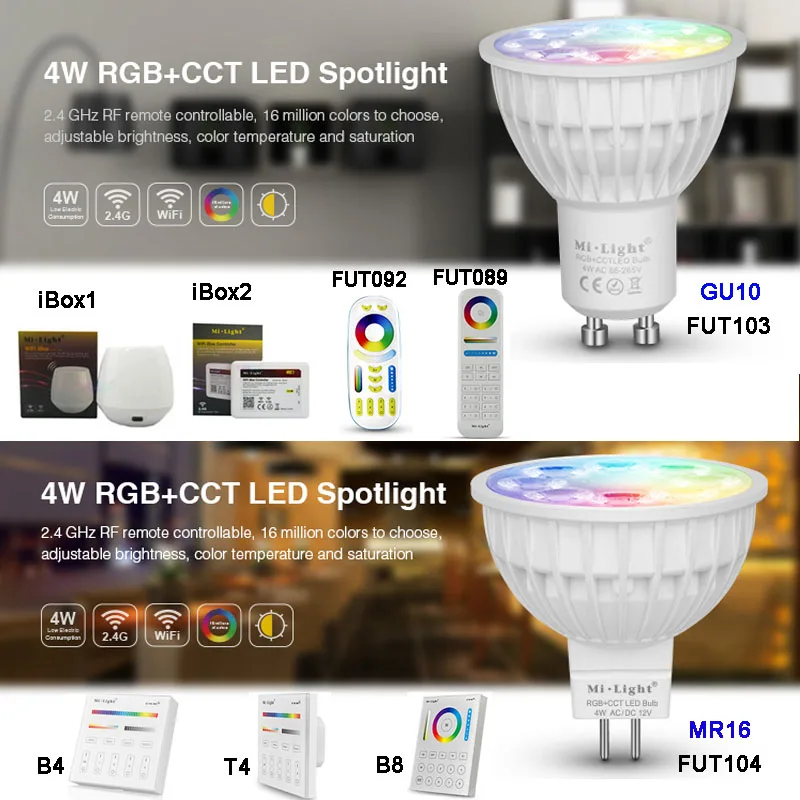 MiBOXERAC110V 220V GU10 MR16 4W RGB + CCT Светодиодный прожектор 2 4G пульт дистанционного