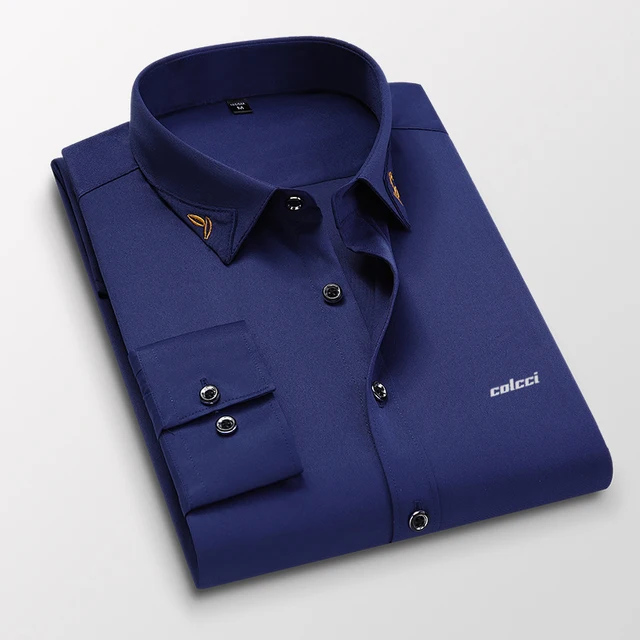 Silky Casual 2021Men's Shirts Slim Fit Office Men's Business Shirts Silk Cotton No Pilling Men's Office Shirts navy-1701