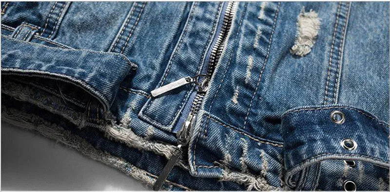 KIOVNO Men High Street Ripped Denim Jackets Coats Sleeves Badge Patchwork Jeans Jackets For Male Waist Belt (5)