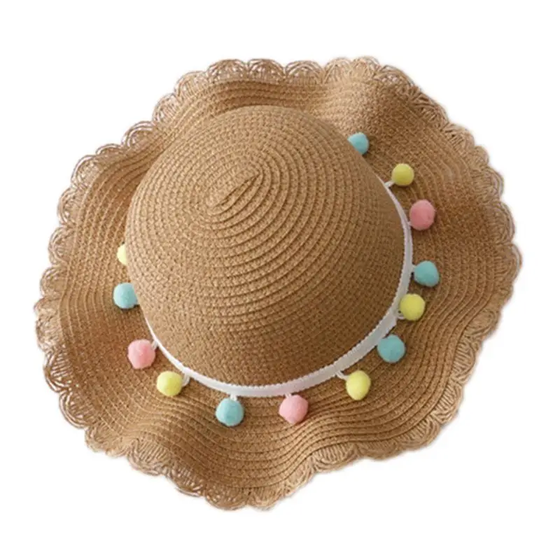 Детская Соломенная пляжная шляпа с большими широкими полями для девочек, пляжная шляпа с разноцветными помпонами, летняя кепка с гибкими полями, переносная сумочка - Цвет: C