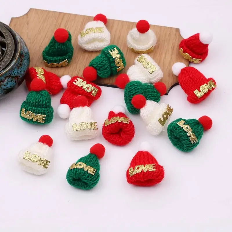 10pcs Small Christmas Hat Cute Knitting Mini Hats DIY Handmade Accessories Santa Claus Brooch Decor for Party Xmas Finger Caps